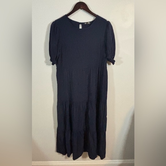 PRETTYGARDEN Navy Puff Sleeve Tiered Midi Dress Size Large Textured Stretchy - Picture 2 of 8